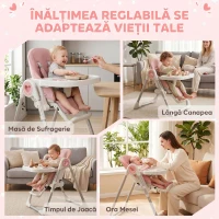 AIYAPLAY Scaun de Masă Pliabil pentru Copii 6-36 Luni cu Înălțime Reglabilă, Dublă Tăviță Lavabilă, Roți, Roz(m-6)