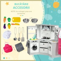 AIYAPLAY Bucătărie pentru copii din lemn cu 17 accesorii legume din plastic butoane și lumini șapcă 3-6 ani gri alb(m-4)