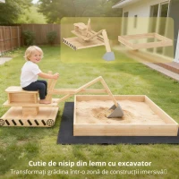 AIYAPLAY Cutie de nisip din lemn pentru copii cu excavator, cutie de nisip pentru copii cu scaun rotativ 360° și căptușeală 184x90x56 cm natural(m-8)