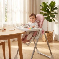 AIYAPLAY Scaun de Masă Pliabil pentru Copii 6-36 Luni cu Înălțime Reglabilă, Dublă Tăviță Lavabilă, Roți, Roz(m-9)