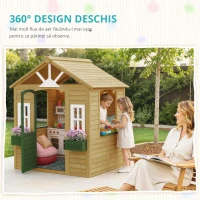 AIYAPLAY Căsuță de joacă din lemn pentru exterior cu ușă 3 ferestre 2 jardiniere pentru copii 3-8 ani 134,5 x 97 x 150 cm Maro(m-4)
