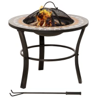 Outsunny 60cm Outdoor Fire Pit Table with Mosaic Outer, Round Firepit with Spark Screen Cover, Fire Poker for Garden Bonfire Party(m-1)
