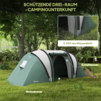Outsunny Lichtgewicht Waterafstotende Campingtent voor 4-5 Personen met 3 Kamers, Zijdeur en Ramen in Donkergroen(m-4)