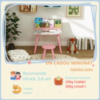 AIYAPLAY Set masă și scaun pentru copii, masă pentru copii cu scaun și suport pentru cărți, modele ursuleț, pentru copii 3-8 ani, roz(m-4)
