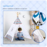 HOMCOM Cort pentru Copii de +3 Ani Tipi Infantil de Lemn Portabil cu Fereastră pentru Interior și Exterior 120x120x155 cm Alb(m-6)