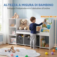 AIYAPLAY Scaffale Portagiochi per Bambini 3-8 Anni con Libreria a 3 Livelli, 3 Cassetti, 4 Scomparti, Cuscino, Bianco(m-6)
