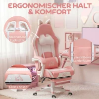 HOMCOM Gaming-Sessel mit Katzenohren, neigbare Lehne, ausziehbare Fußstütze, bis 120 kg, Rosa/Weiß(m-6)