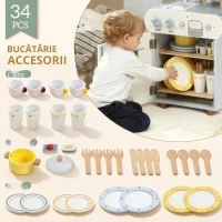AIYAPLAY Set bucătărie cu chiuvetă, mașină de spălat vase din lemn pentru copii, 32 piese accesorii, MDF, pentru copii de la 3 ani, albastru deschis(m-6)