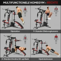 SPORTNOW Multifunctionele Trainingsstation met 65 kg Gewichtsblok, Verstelbaar, Voor Thuis Fitness, Staal, Kunstleer(m-5)