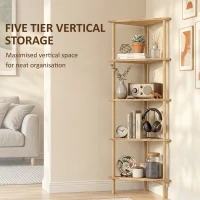 HOMCOM Bamboo Storage Shelf, 5-tier Corner Shelf, Freestanding Shelving Unit for Living Room, Home Office, Natural Wood Finish(m-5)