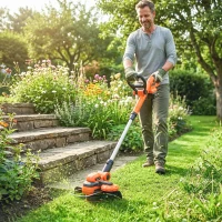 Outsunny Trimmer cu Acumulator 2-în-1, Tăietor de Iarbă 18V cu 2 Baterii de 4Ah, Încărcător, Tija Telescopică, Cap Înclinat, Mâner Reglabil, Tăiere 25cm, 8000 RPM, Ușor pentru Gazon și Grădină(m-10)