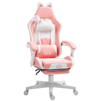 HOMCOM Gamingstoel met kattenoren, kantelbare leuning, uitschuifbare voetensteun, tot 120 kg, Roze/Wit