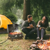 Outsunny tafelgrill gasgrill BBQ met 2 branders mobiele grillwagen grillnet klein buitentafel gasgrill picknick met reduceerslang RVS zwart 55 x 46.5 x 41 cm(m-9)