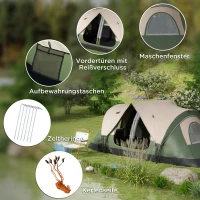 Outsunny campingtent, 2 kamers, scheidingswand, voor 6-8 personen, regenbescherming, donkergroen(m-8)