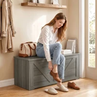 HOMCOM 127L Home Storage Box, with Safety Hinges - Dark Grey Wood-Effect(m-12)
