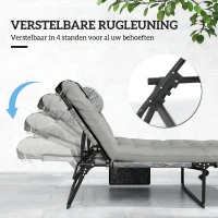 Outsunny Ligbed, 4-voudig verstelbare rugleuning, kussen, zijvak, hoofdsteun, 68 x 189 x 30 cm, Grijs(m-4)