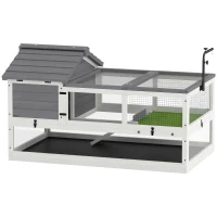 PawHut Domek dla żółwi z drewna, wybieg z dwoma głównymi domkami, otwieranym górnym panelem, uchwyt na lampę Szary(m-11)
