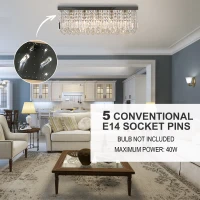 HOMCOM Modern Crystal Ceiling Light Square Crystal Chandelier for Living Room, Dining Room, Hall, 5 x E14 Lamp Holders, Silver, 80 x 25 x 23cm(m-6)