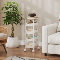 HOMCOM 5-laagse Keukentrolley, Houten Uiterlijk, Rolbaar, Metalen Frame, 4 Lades, Wit(m-7)