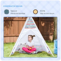 HOMCOM Cort pentru Copii de +3 Ani Tipi Infantil de Lemn Portabil cu Fereastră pentru Interior și Exterior 120x120x155 cm Alb(m-4)