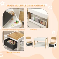 HOMCOM Set 3 piese masă și 2 scaune pentru copii cu blat reversibil, tablă neagră, coș de depozitare, rafturi(m-6)