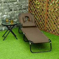 Outsunny Transat de Jardin Chaise Longue Pliante Bain de Soleil avec Appuie-tête, Trou de lecture et Dossier Inclinable, Marron(m-2)