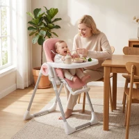 AIYAPLAY Scaun de Masă Pliabil pentru Copii 6-36 Luni cu Înălțime Reglabilă, Dublă Tăviță Lavabilă, Roți, Roz(m-2)