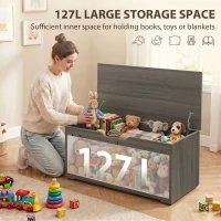 HOMCOM 127L Home Storage Box, with Safety Hinges - Dark Grey Wood-Effect(m-4)