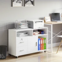 HOMCOM Móvel Auxiliar de Escritório Móvel Arquivador com Rodas Prateleiras Gaveta e Armário Multiuso com Grande Armazenamento 100x35x65cm Branco(m-8)