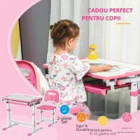 HOMCOM Set Masă și Scaun pentru Copii Reglabilă pe Înălțime, cu Blat Înclinabil 45°, 66x47x52-77 cm, Roz(m-6)