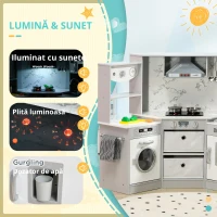 AIYAPLAY Bucătărie pentru copii din lemn cu 17 accesorii legume din plastic butoane și lumini șapcă 3-6 ani gri alb(m-6)