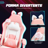 HOMCOM Sedia da Gaming Ergonomica con Orecchie da Gatto, Poggiapiedi, Supporto Lombare e Cervicale, Rosa(m-4)