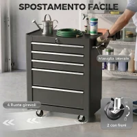 HOMCOM Carrello Porta Attrezzi 5 Cassetti con Chiave e Ruote Nero(m-6)