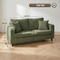 HOMCOM Loveseat Sofa with Wide Seat, Corduroy 2 Seater Couch with Deep Seat, Spring Cushion, Green(m-3)