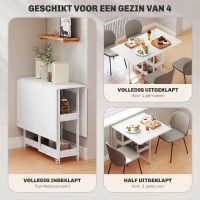 HOMCOM Opklapbare eettafel in industriële stijl, voor maximaal 4 personen, met open schappen, flexibel, metaal, spaanplaat, wit(m-4)