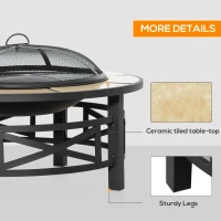 Outsunny 2-in-1 Φ84cm Metal Large Fire Pit, Outdoor Firepit Bowl with Grill, Spark Screen Cover, Fire Poker for BBQ, Garden, Bonfire, Patio, Black(m-6)