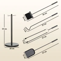 Outsunny Haardgereedschap, 5-delig, Bezem, Schop, Tang, Pook en Standaard, Brandveilig Metaal, Zwart(m-3)