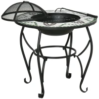 Outsunny 3-in-1 Φ68cm Outdoor Fire Pit, Garden Table with Cooking BBQ Grill, Mosaic Firepit Bowl with Spark Screen Cover, Fire Poker for Backyard Bonfire Patio(m-10)
