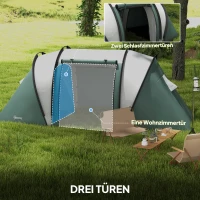 Outsunny Lichtgewicht Waterafstotende Campingtent voor 4-5 Personen met 3 Kamers, Zijdeur en Ramen in Donkergroen(m-5)