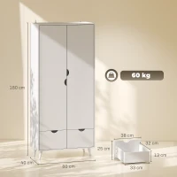HOMCOM Elegant Home Storage Organisation Furniture, 2-Door Clothes Wardrobe with 2 Drawers, Wood Feet, White(m-3)