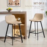 HOMCOM Bar Stools Set of 2, PU Leather Dining Stools with Backrest, Footrest, Light Brown(m-4)