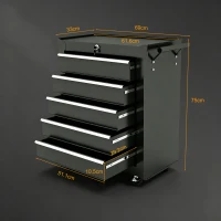 HOMCOM 5-Drawer Tool Chest with Wheels, Steel Lockable Tool Storage Cabinet with Handle, 2 Keys for Garage, Workshop, Black(m-3)
