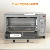 HOMCOM Mini-oven, 9 L met Bakplaat, Grillrooster, Instelbare Temperatuur en Kooktijd, Roestvrij Staal, Zilver(m-6)