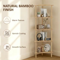 HOMCOM Bamboo Storage Shelf, 5-tier Corner Shelf, Freestanding Shelving Unit for Living Room, Home Office, Natural Wood Finish(m-6)