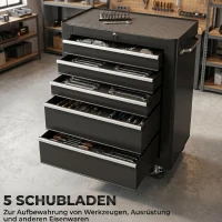 HOMCOM Werkzeugschrank, Werkzeugkiste, 5 Schubladen, rollbar, Stahl, Schwarz(m-4)