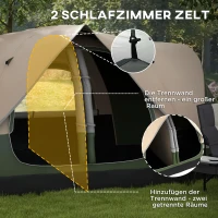Outsunny campingtent, 2 kamers, scheidingswand, voor 6-8 personen, regenbescherming, donkergroen(m-5)