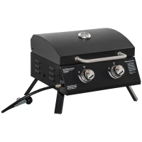 Outsunny tafelgrill gasgrill BBQ met 2 branders mobiele grillwagen grillnet klein buitentafel gasgrill picknick met reduceerslang RVS zwart 55 x 46.5 x 41 cm(m-12)