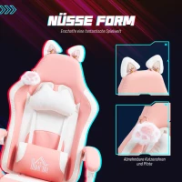 HOMCOM Gamingstoel met kattenoren, kantelbare leuning, uitschuifbare voetensteun, tot 120 kg, Roze/Wit(m-4)