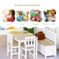 Homcom Set 4 Pezzi Tavolino con Sedie e Panca Portaoggetti per Bambini in Legno(m-6)