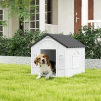 PawHut Niche pour Chien Extérieur pour Chiens Moyens et Grands, Maison pour Chien en PP Imperméable avec Toit en Pente, Porte Avant Ouverte et Ouverture d'Aération au-Dessus, 65 x 75,7 x 63 cm, Gris(m-10)
